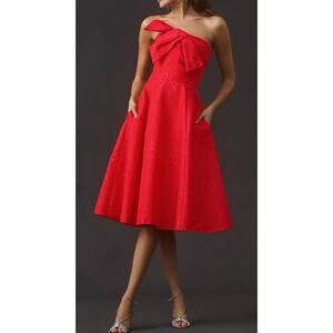 Shoshanna Midi Dress Odyssey Moiré Bow Strapless Fit & Flare Pink New